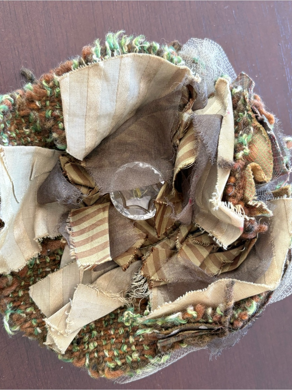 Handcrafted Brown & Green Fabric Flower Brooch with Clear Bead Center
